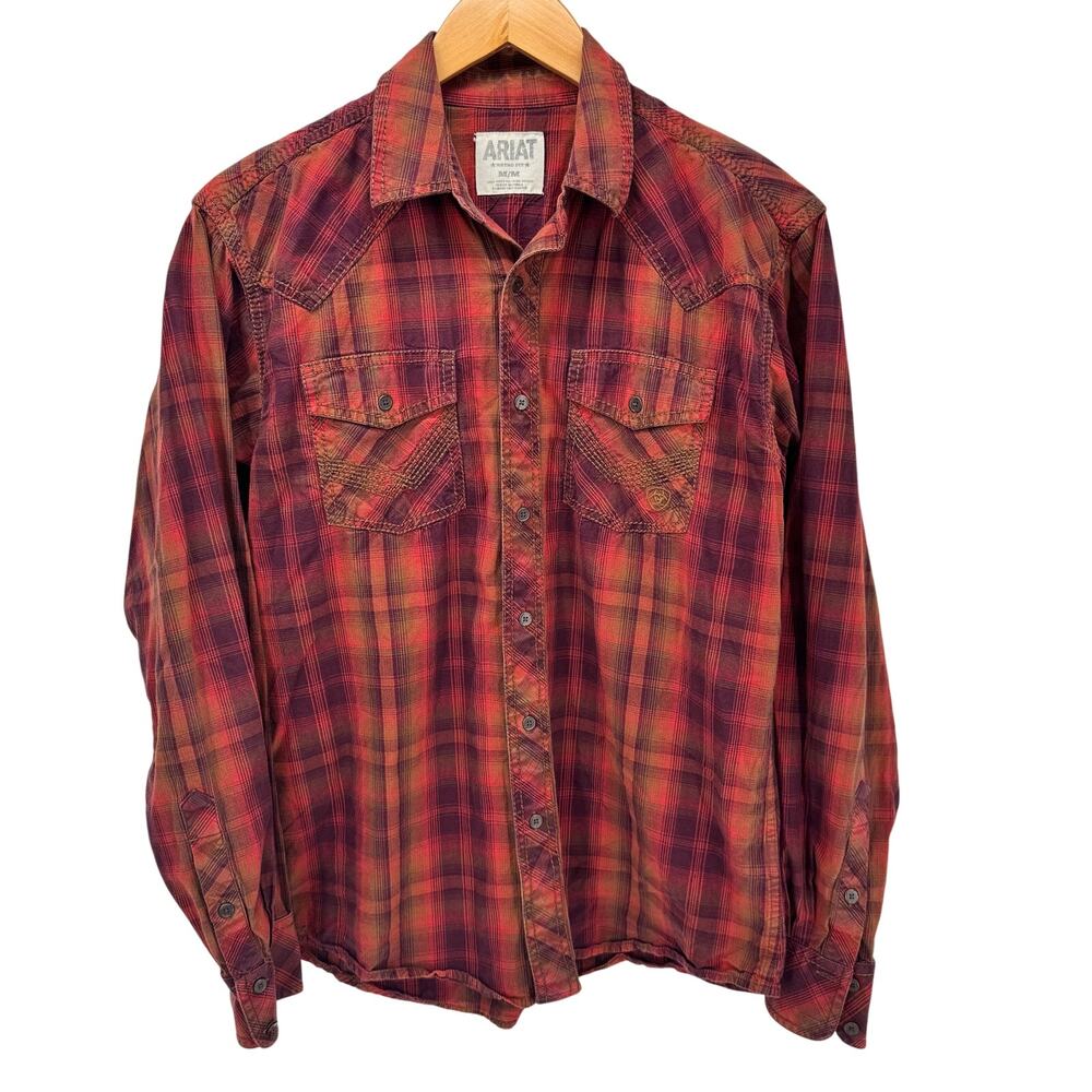 Ariat Retro Fit Shirt Mens Medium Plaid Embroidered Long Sleeve Button Up Cotton